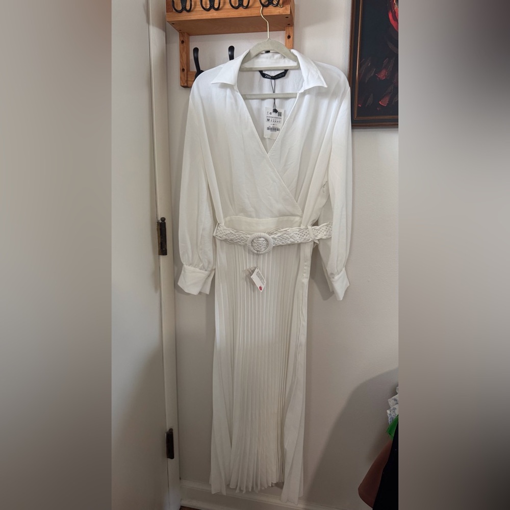 Zara White Long-Sleeve Pleated Wrap Dress with Braided Belt